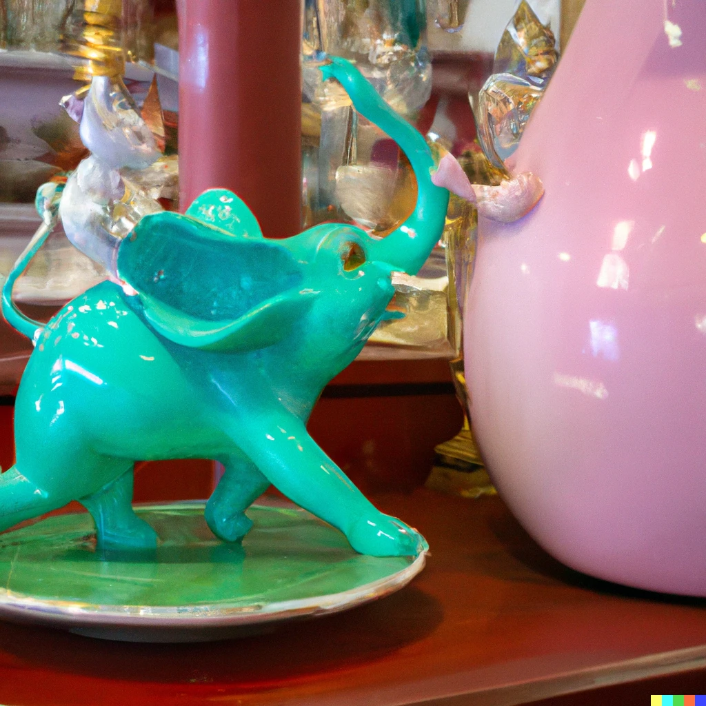 Prompt: a green mouse pulling the tail of a pink elephant in a porcelain shop located in paradise