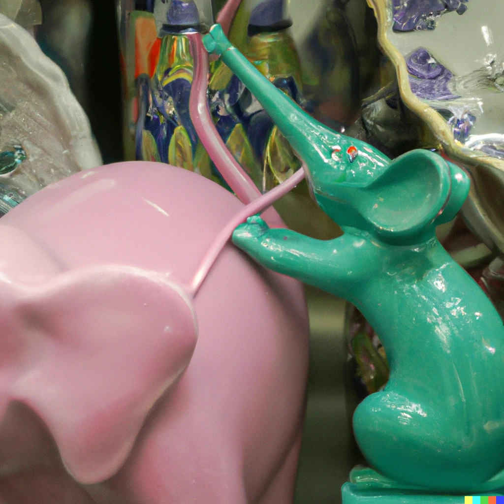 Prompt: a green mouse pulling the tail of a pink elephant in a porcelain shop located in paradise