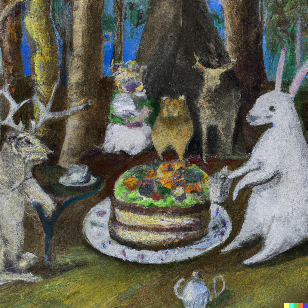 Prompt: bunnies at a tree stump table eating soup and carrot cake with a deer and a bear in a fancy house in impressionism art style