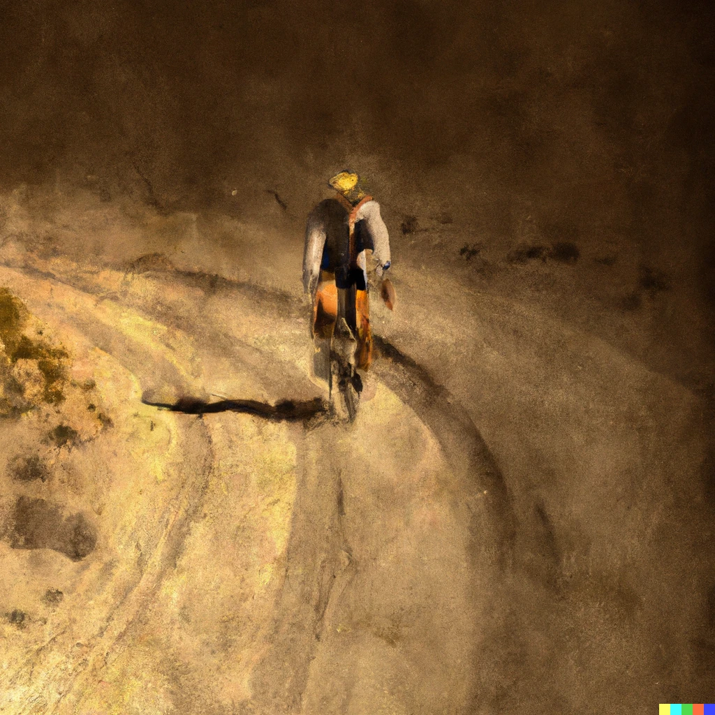 Prompt: gravel cyclist on dirt path in the desert in the style of rembrandt