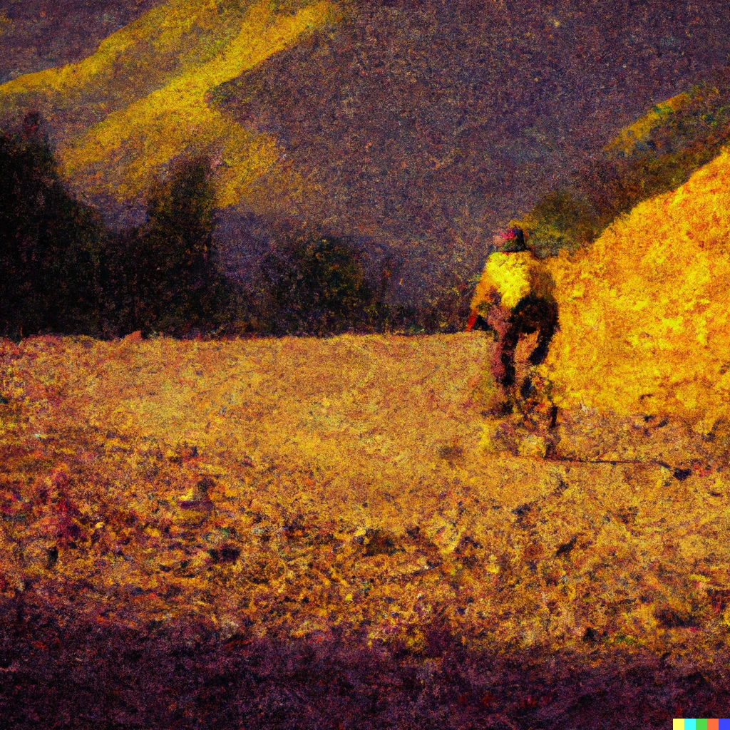 Prompt: painting of gravel cyclist in the Peruvian Andes in the style of rembrandt in the morning