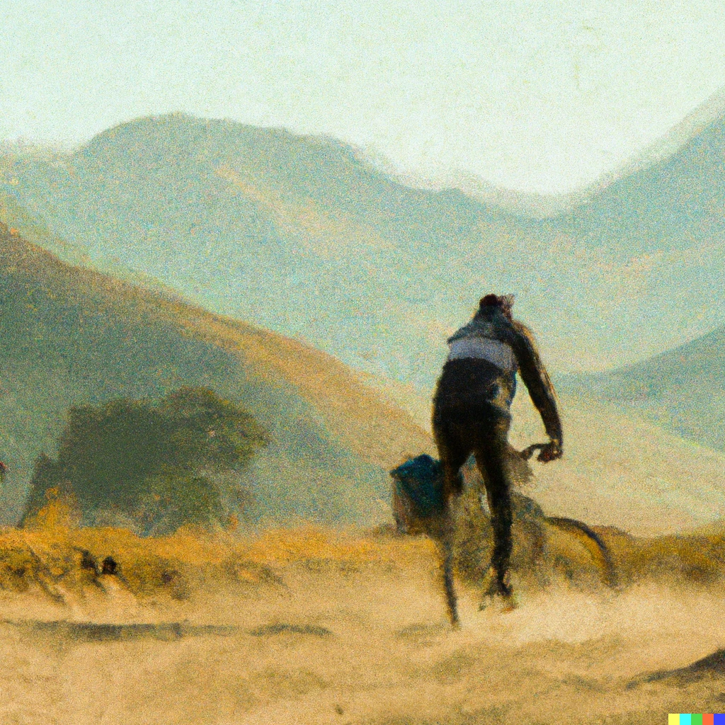 Prompt: painting of gravel cyclist in the Peruvian Andes in the style of rembrandt in the morning