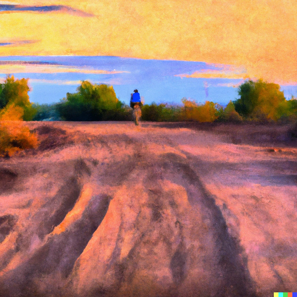 Prompt: a landscape painting at sunset with a gravel cyclist riding along a dirt road in the foreground