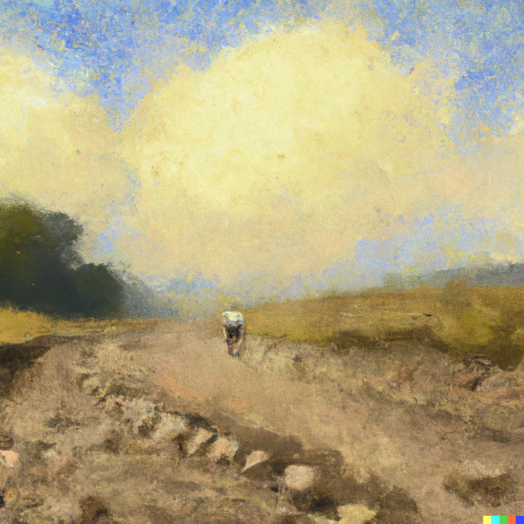 Prompt: a landscape painting with a gravel cyclist riding along a dirt road in the foreground in the style of j.m.w. turner