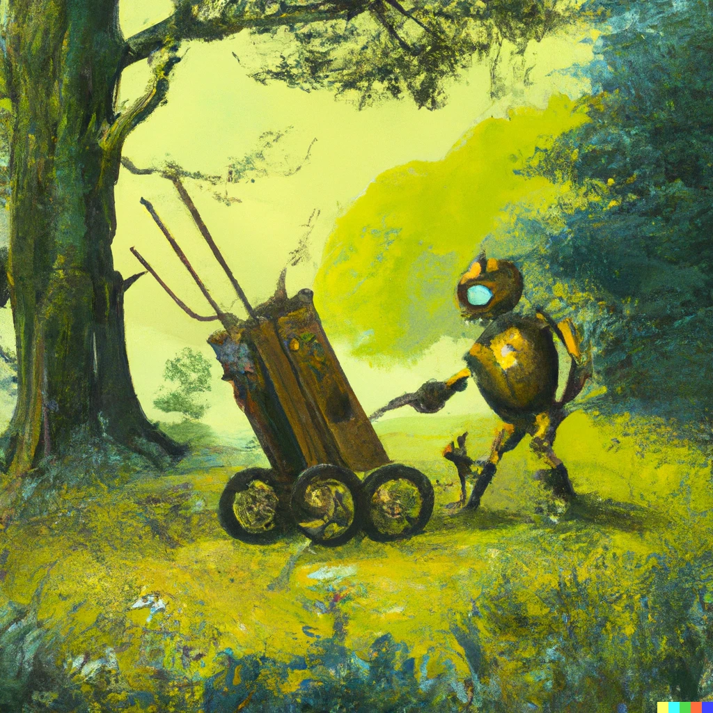 Prompt: A steampunk robot pushing a cart in a green forest clearing, painting