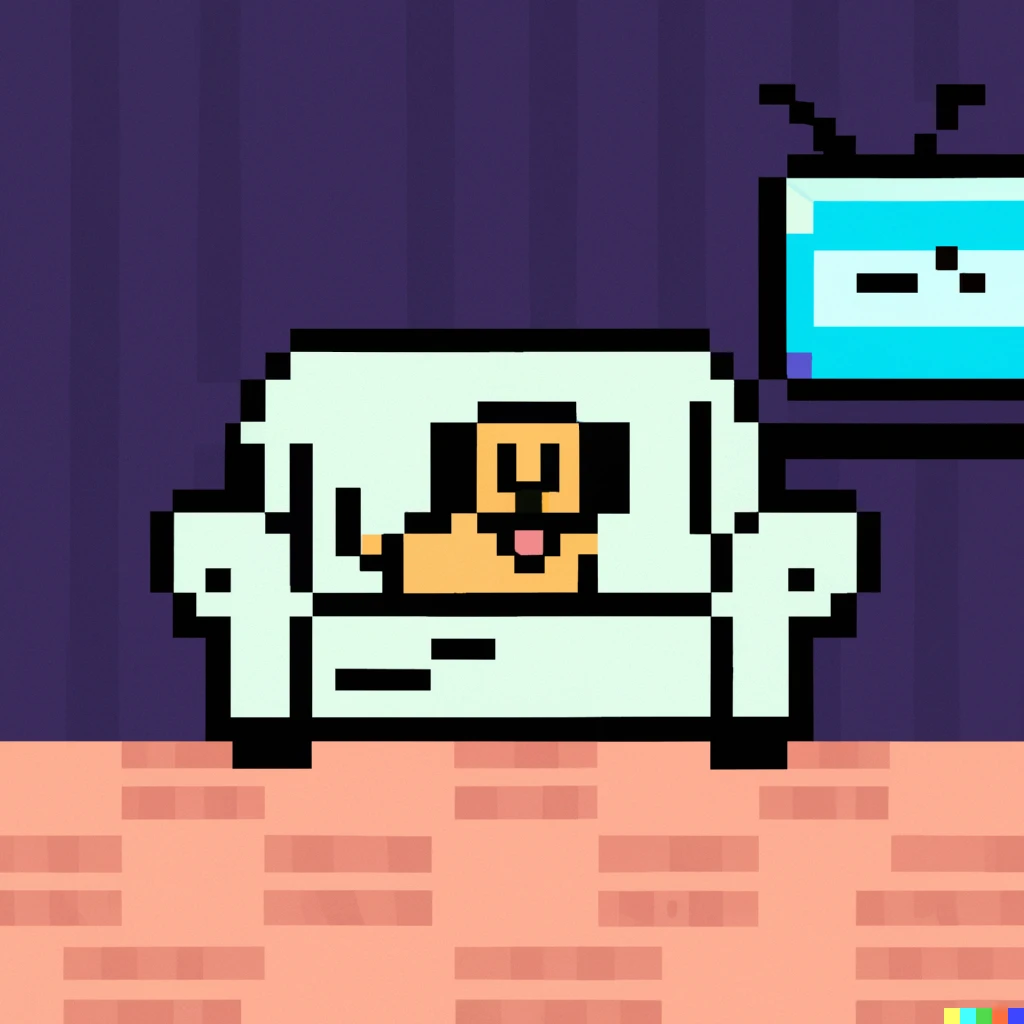 Prompt: A pixel art of a dog sitting on a couch in front of a TV and smiling 