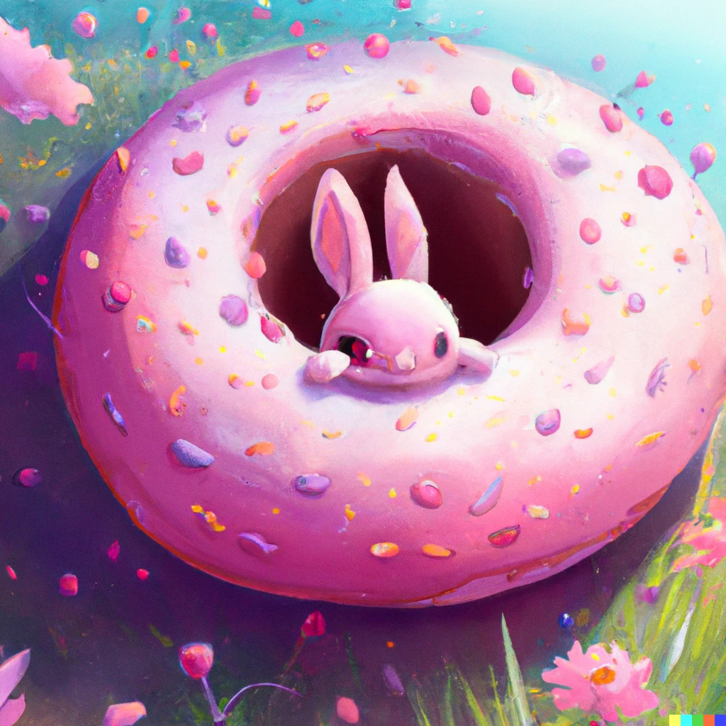 Prompt: A bunny sat in the hole of large pink doughnut, digital art