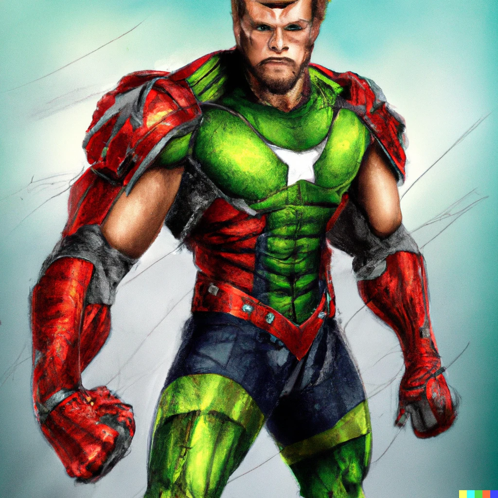 Prompt: Realismo, de Una mezcla entre hulk, iron man, Thor y Spiderman en uno solo 