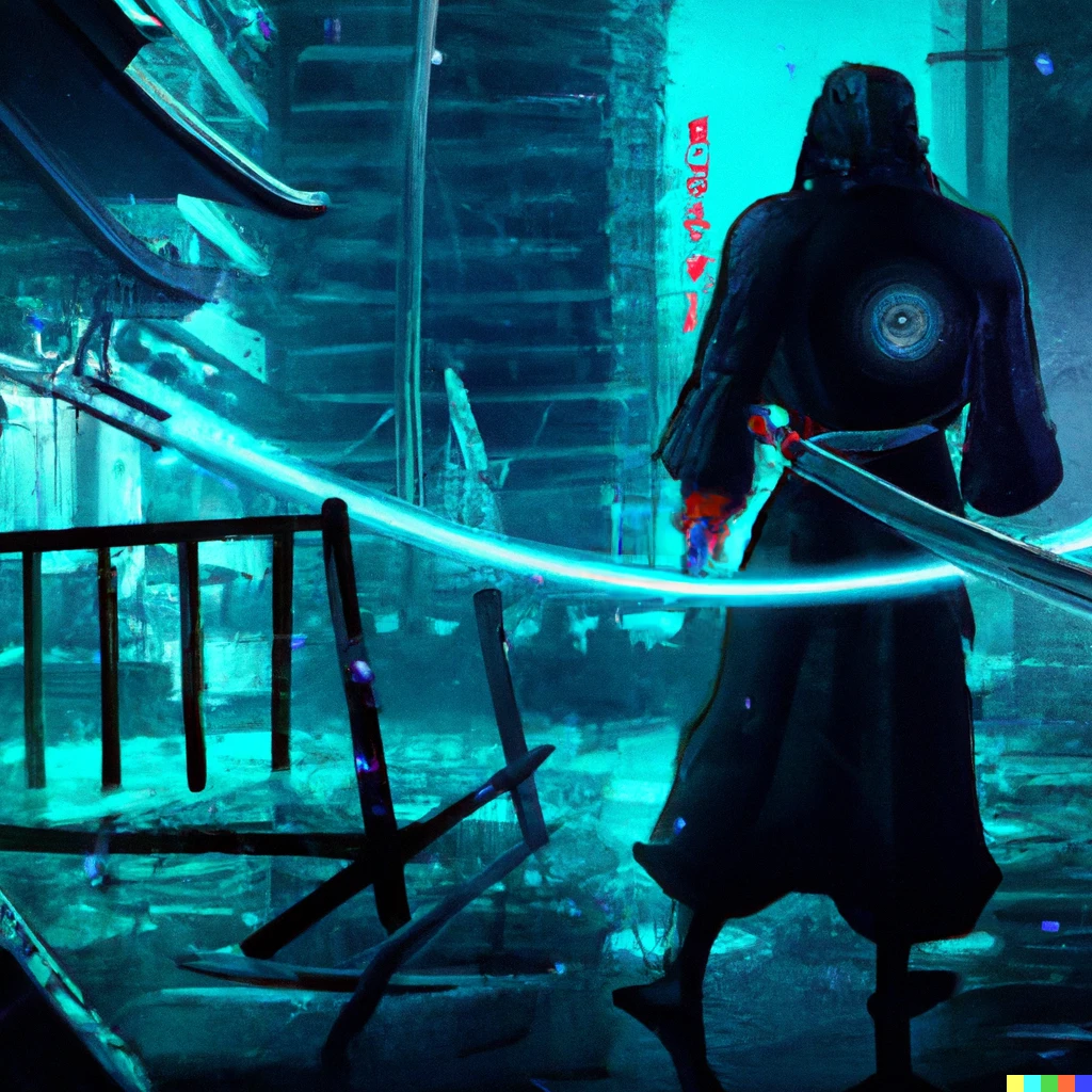 Prompt: cyberpunk samurai, at night, in a zen district, holding the sword, digital art.
