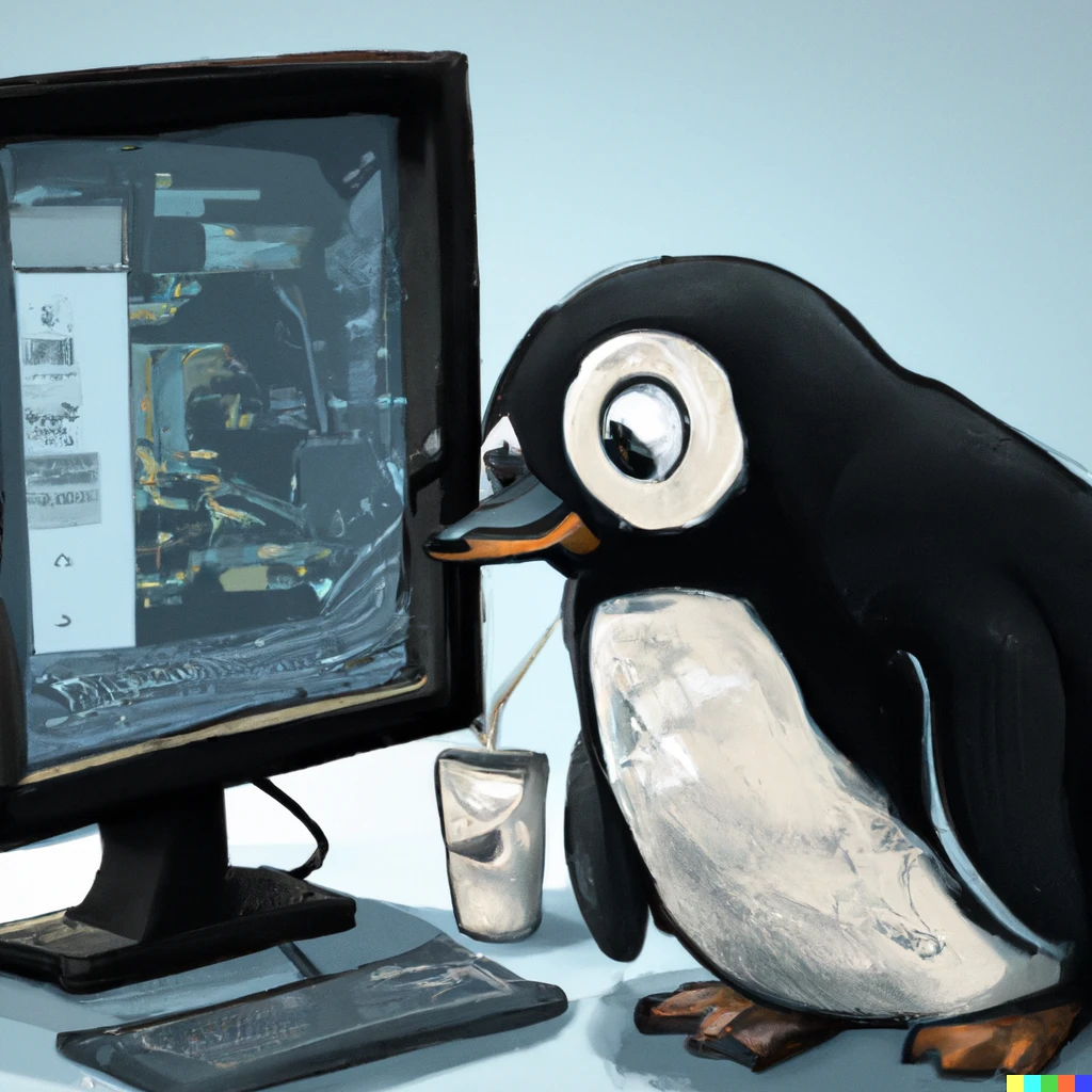 Prompt: Linux penguin debugging kernel code, digital art
