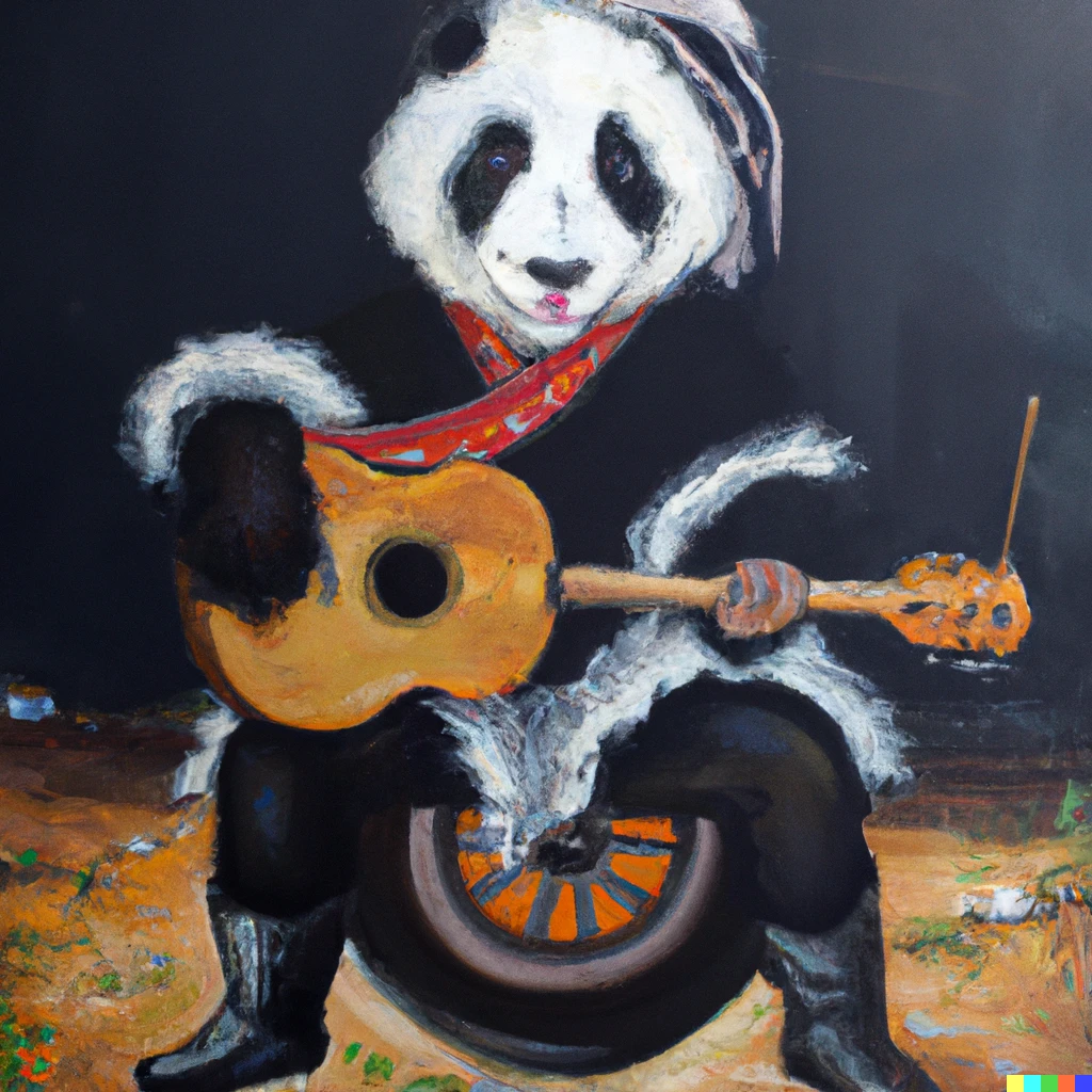 Prompt: Rembrandt oil painting of Glam rock  panda with Ziggy stardust outfit playing the Oud in the middle of Tyre. 