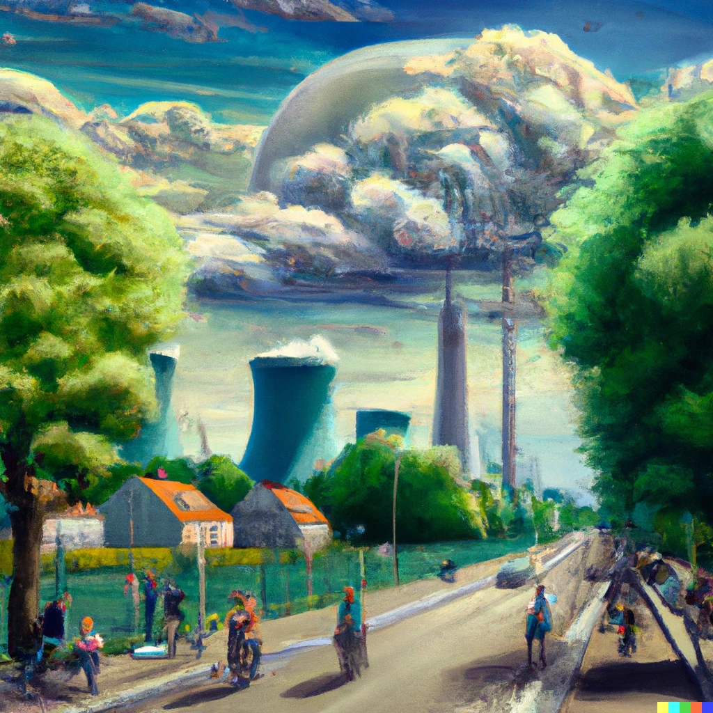 Prompt: A utopian walkable European city with bikes and public transit and parks, with nuclear power plants off in the distance. Classic oil painting style.