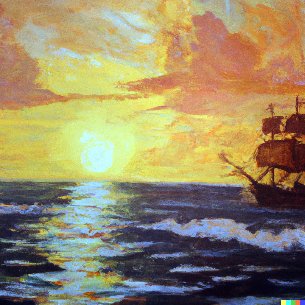 Prompt: An oil painting of a sunset on the ocean with a pirate ship on the horizon 