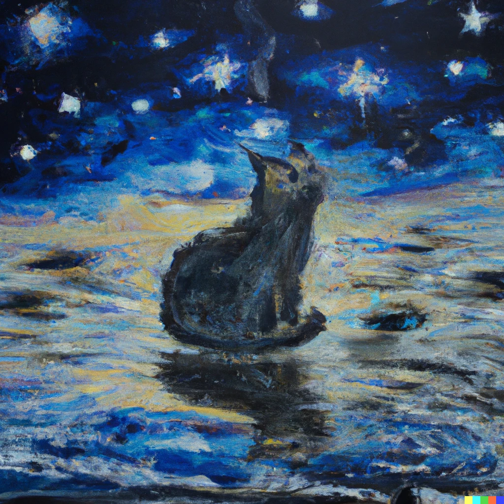 Prompt: An oil painting of a soaked cat in a puddle with the reflection of the stars and galaxy above in the water