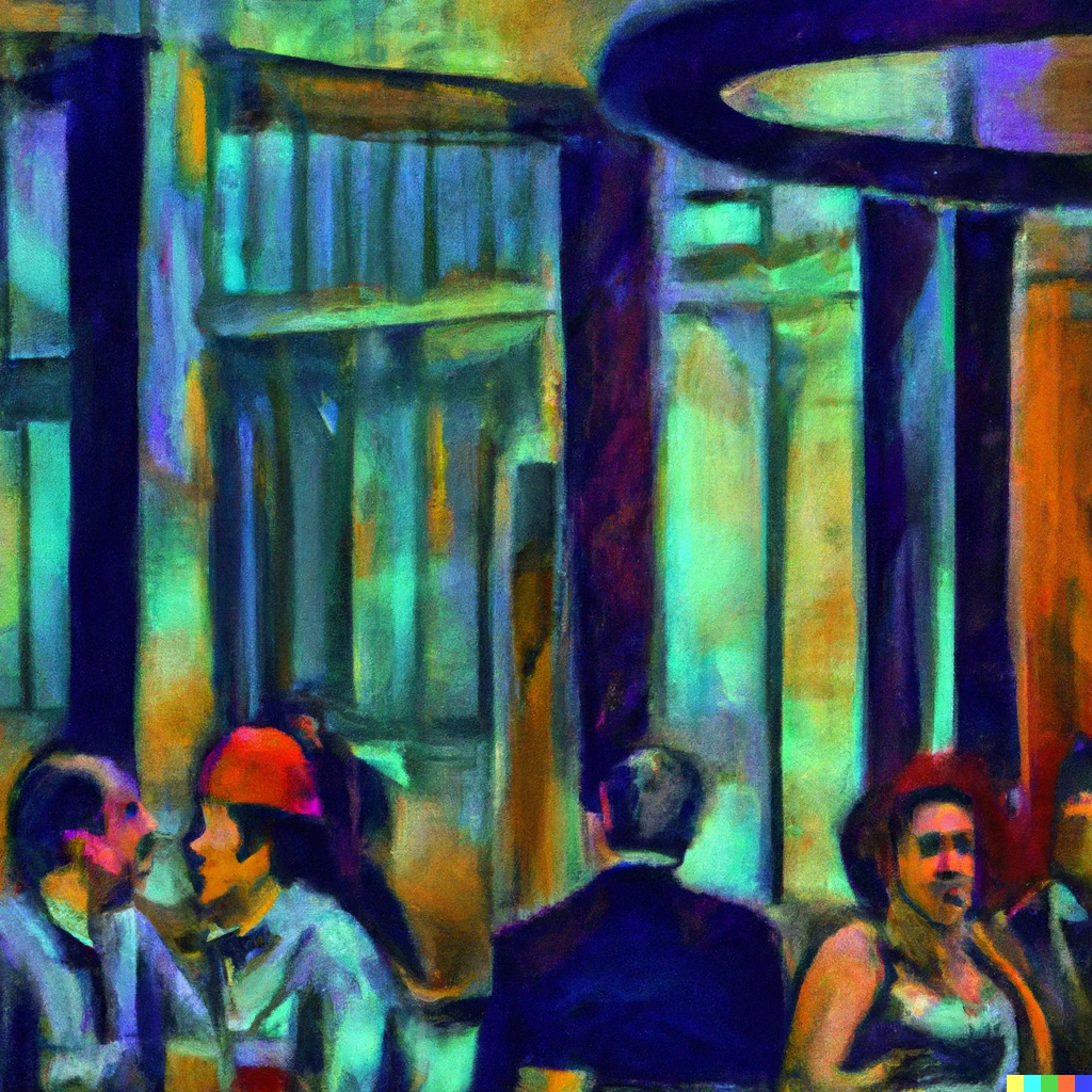 Prompt: Humans hanging out in bars in a dystopian future in the style of an Impressionist painting