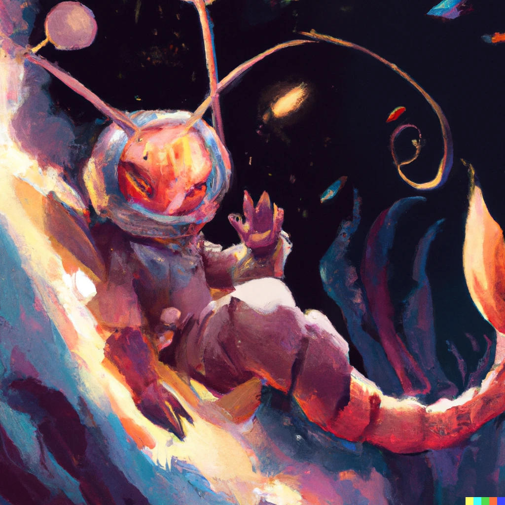 Prompt: A shrimp in a space suit flying in a colourful space, digital art