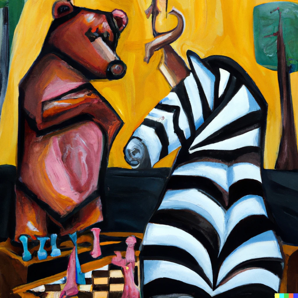 Prompt: A cubist Picasso oil painting of a bear playing chess against a zebra