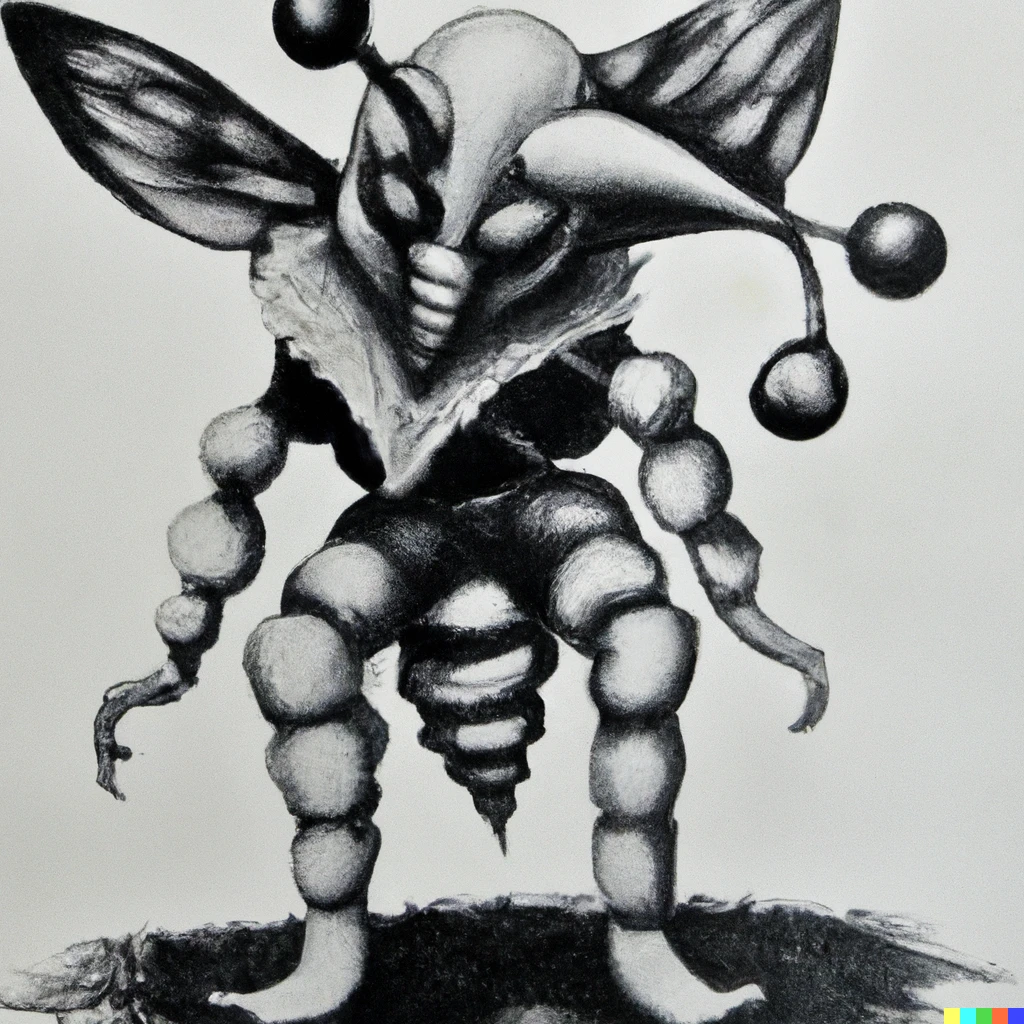 Prompt: A surrealist interpretation of an evil clown wasp drawn with charcoal. 