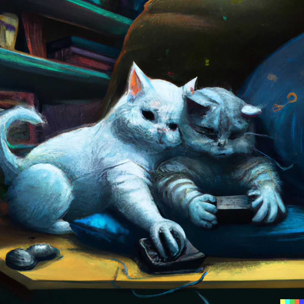 Prompt: cats playing video games, digital art