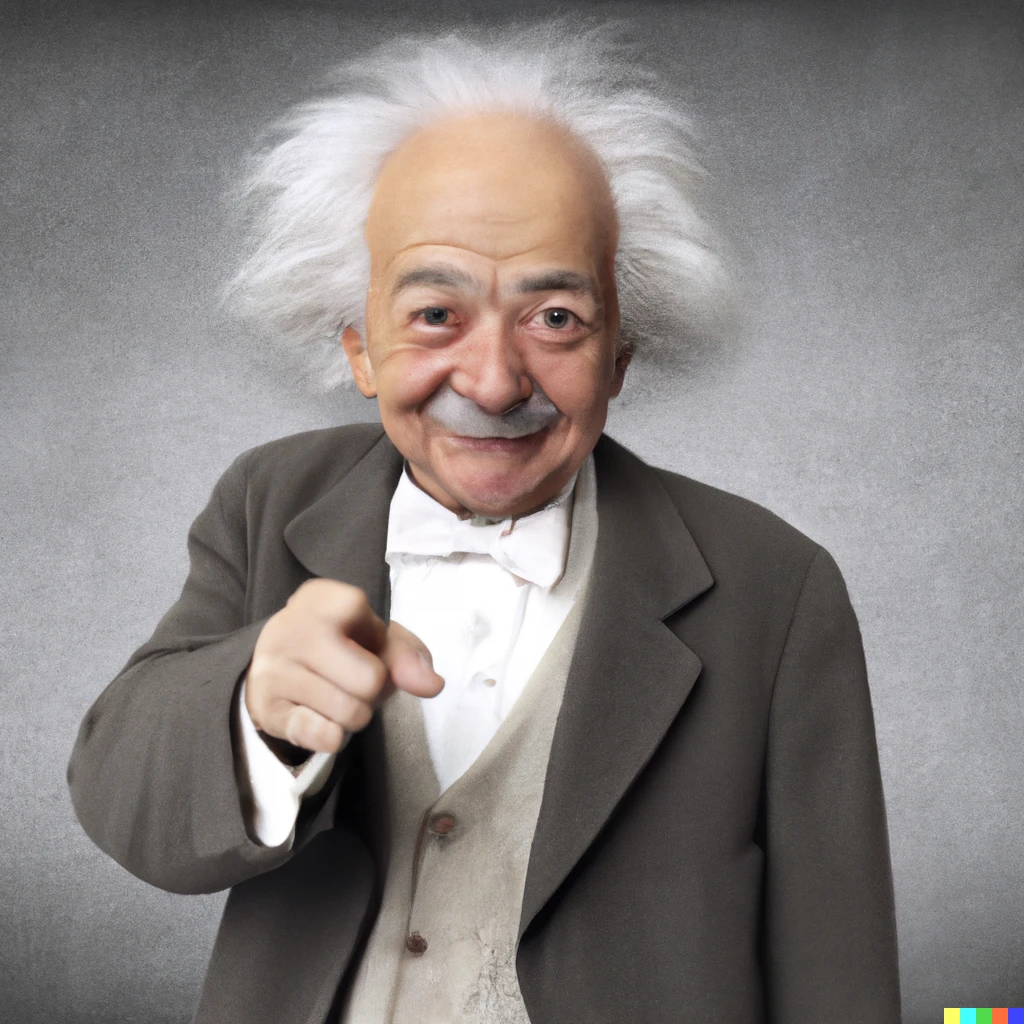 Prompt: Albert Einstein pointing and laughing at you