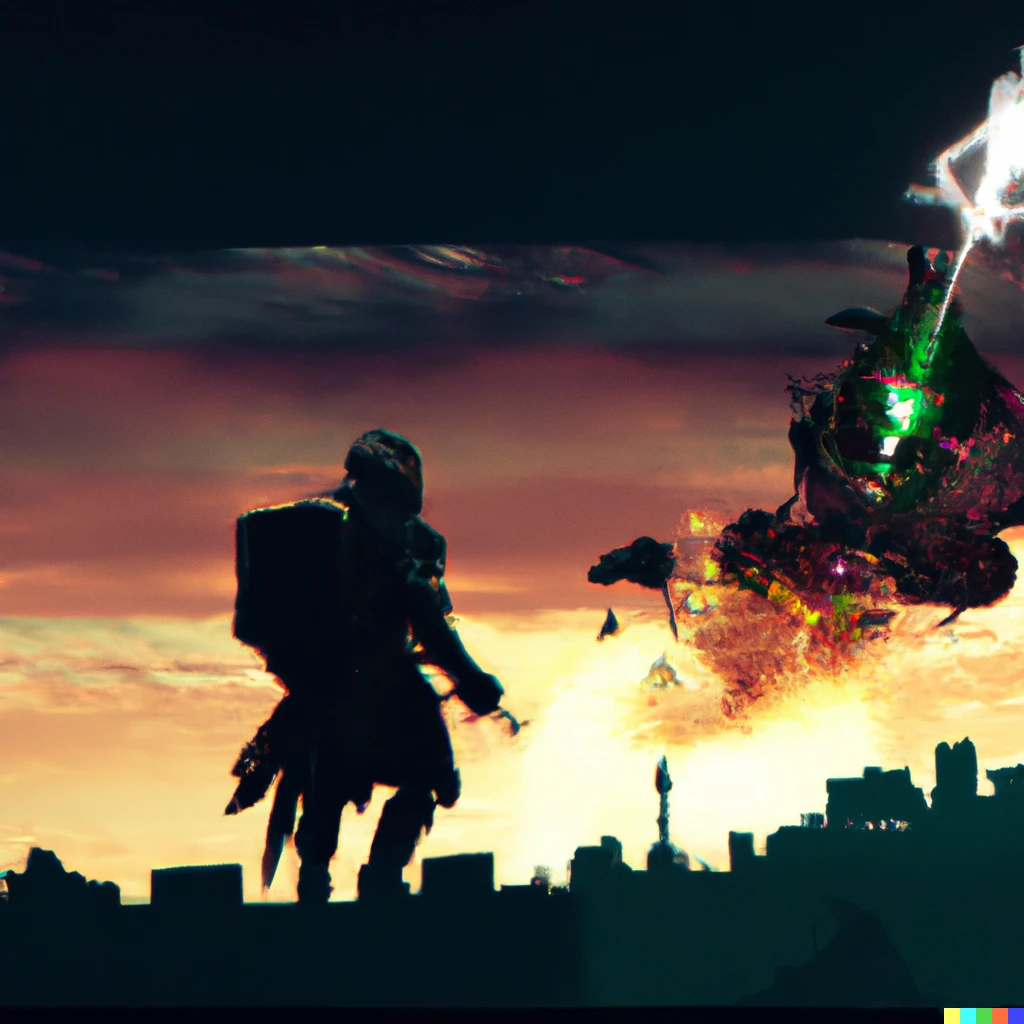 Prompt: Destiny 2 warlock emerging from a burning post-apocalypse city, wielding the hard light exotic auto rifle, whilst starships pass overhead. 