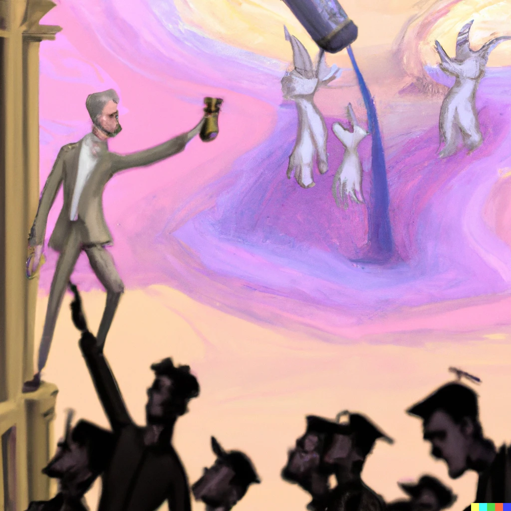 Prompt: A digital art modern interpretation of a Hieronymus Bosch painting which shows Jordan Peterson ascending to heaven while destroying multitudes of woke moralists by spraying them with purple drank from a juice box, while Indiana Jones looks onto the scene from a distance shouting about the juice box belonging in a museum