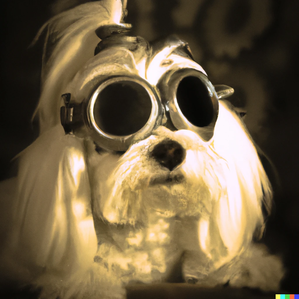 Prompt: a steampunk photo of a Maltese dog wearing goggles