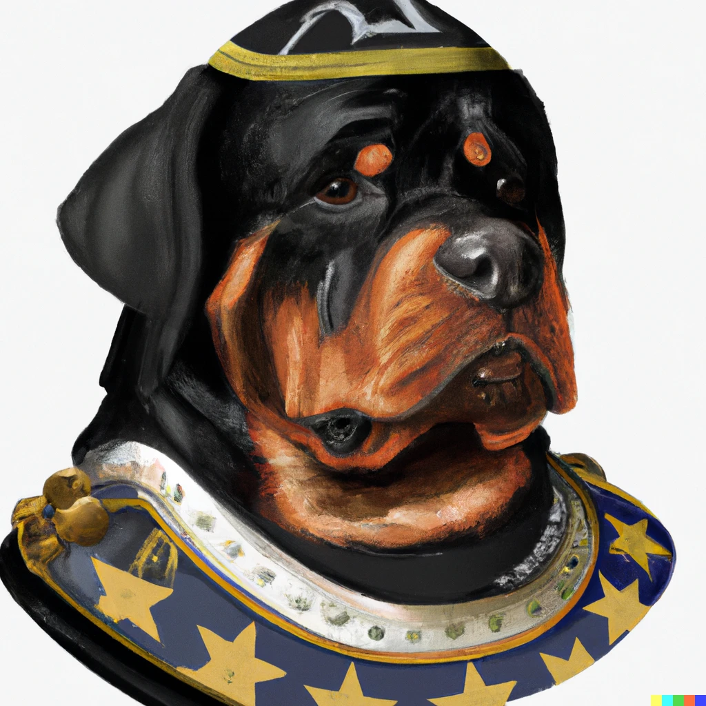 Prompt: a bust of a Rottweiler wearing a military uniform reinassance painting