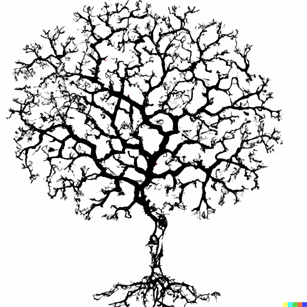 Prompt: A wide mathematical tree with a lot of branches drawn in curly dark lines on a white background