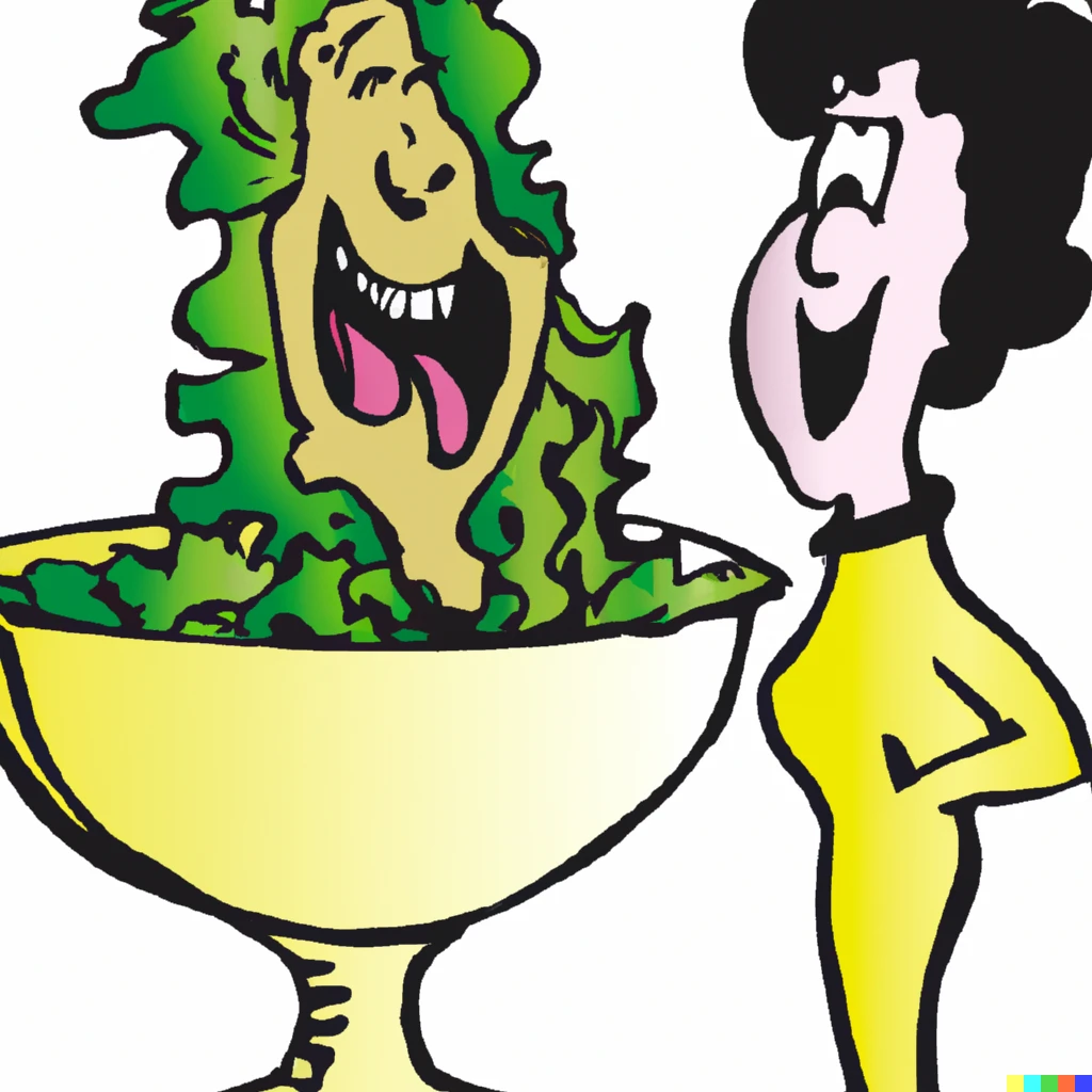 Prompt: A cartoon of a salad laughing at a woman