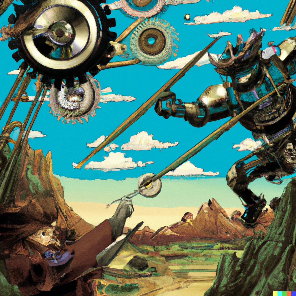 Prompt: Steampunk Bob Ross fighting against giant robots in the style of Salvador Dali