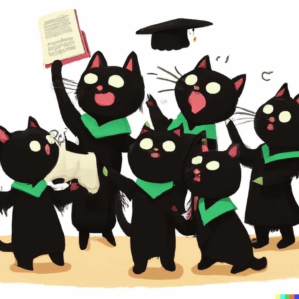 Prompt: A black cat with green eyes getting his medical school diploma. His entire cat family are cheering for him. 