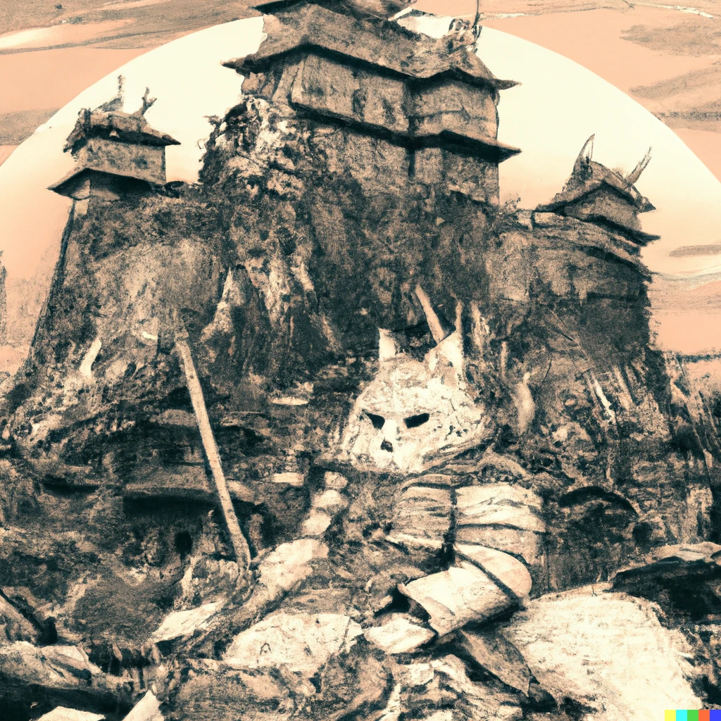 Prompt: Samurai Cat in front of a post apocalyptic Japanese castle. In the style of Gustave Doré
