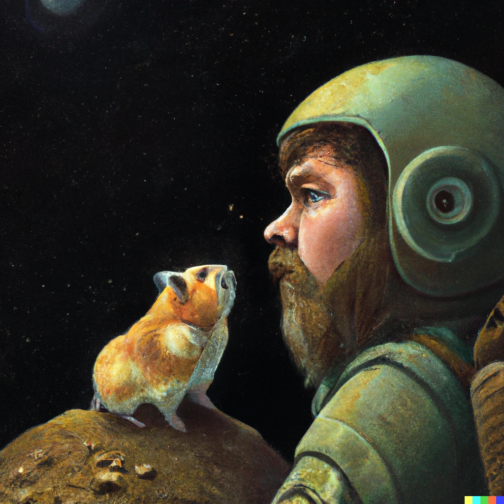 Prompt: A portrait of a Human ranger and his miniature giant space hamster, painting by Andreas Rocha