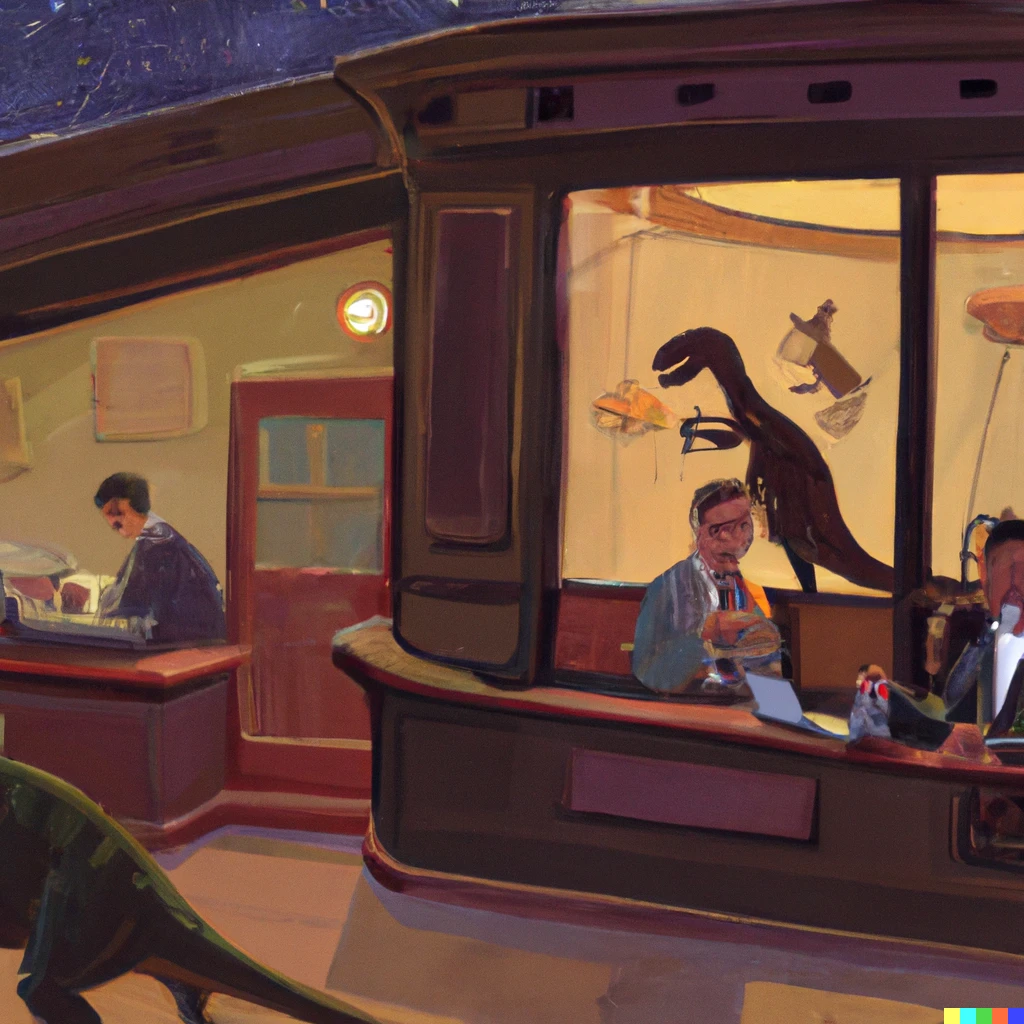 Prompt: Nighthawks Painting by Edward Hopper, with dinosaurs instead of people 