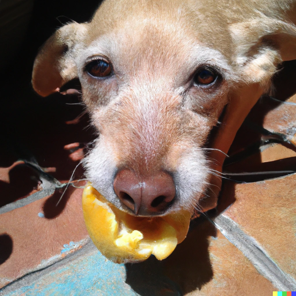 Prompt: Yellow dog with a mango in it's mouth
