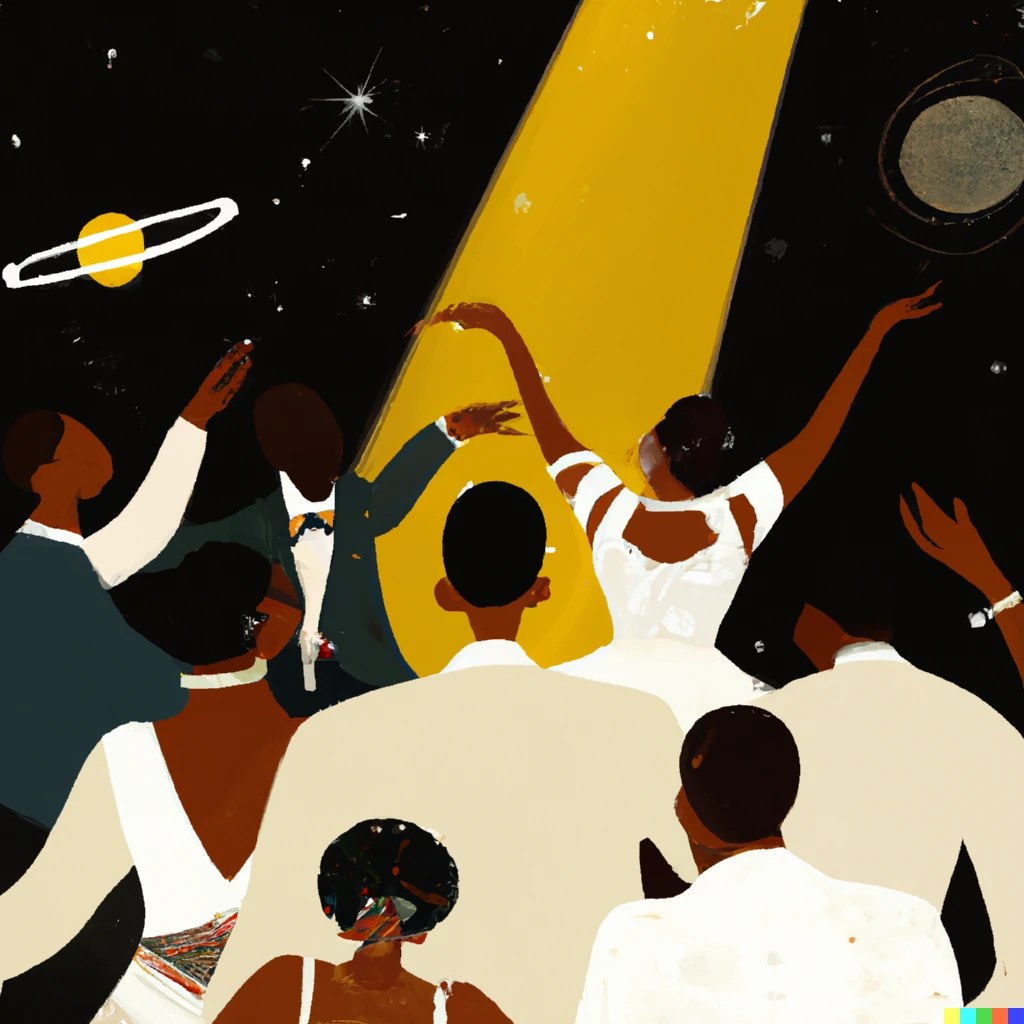 Prompt: black people dancing at a wedding in space, stuckist