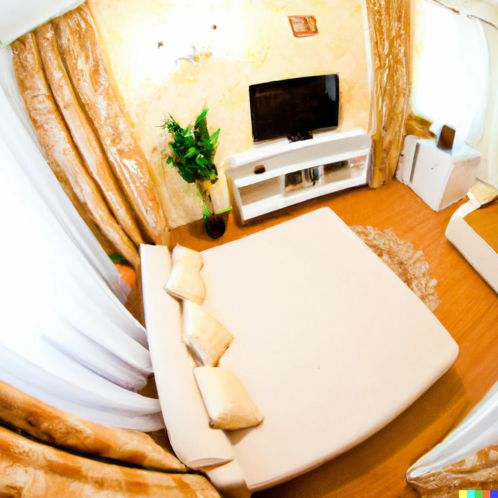 Prompt: fish-eye lens photograph of a bright luxury linen apartment