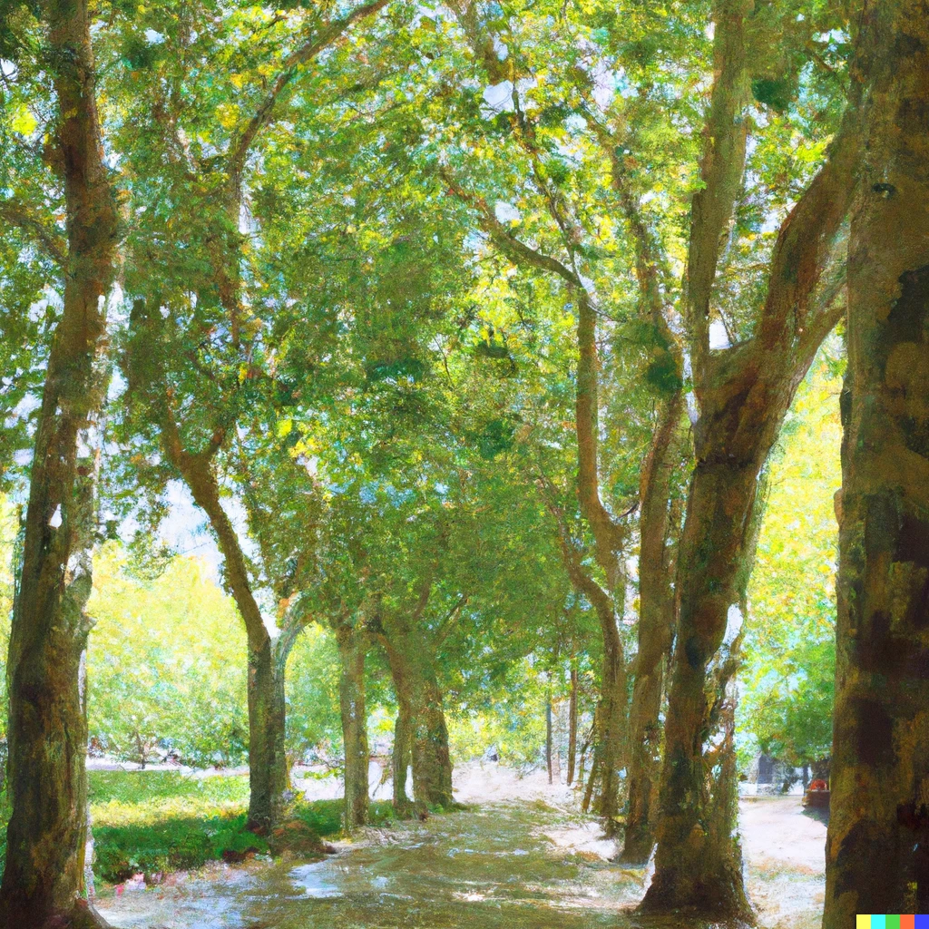 Prompt: An oil painting of a French jardin public with an avenue of trees with dappled sunlight in a Late Impressionist style