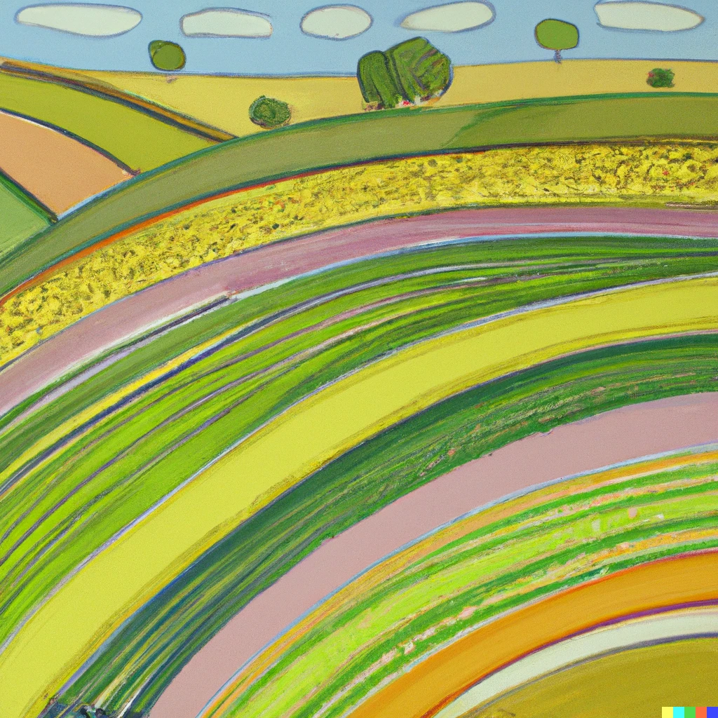 Prompt: "rolling fields of different crops " by David Hockney