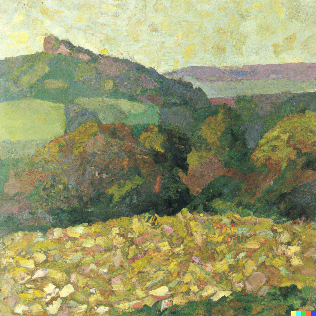Prompt: A landscape oil painting with earthy tones in the style of Cuno Amiet