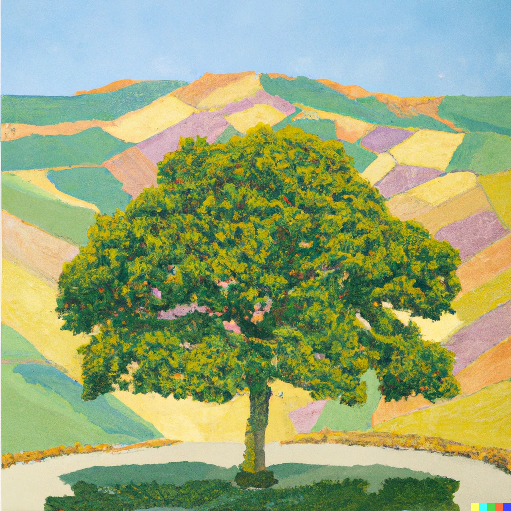 Prompt: "An oak tree in the Peak District" by David Hockney
