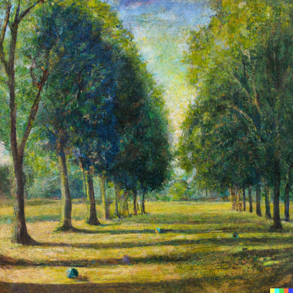 Prompt: An oil painting of a French pétanque pitch in an avenue of trees with dappled sunlight in the style of the early impressionists