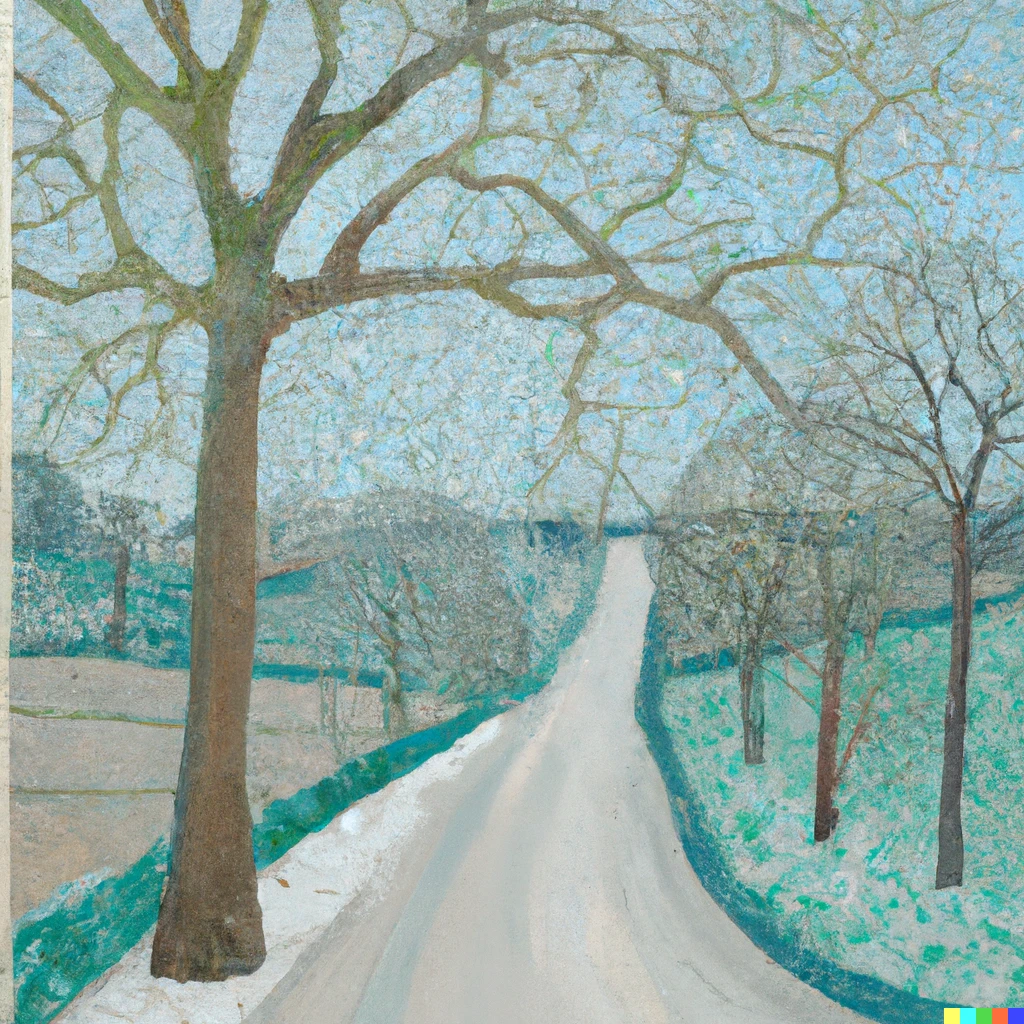 Prompt: "a country lane in winter" by David Hockney