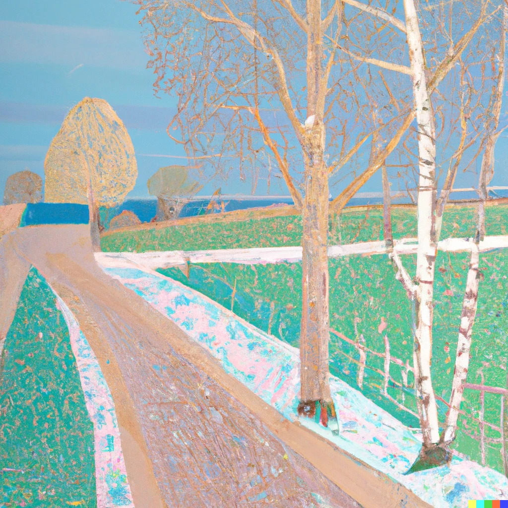 Prompt: "a country lane in winter" by David Hockney