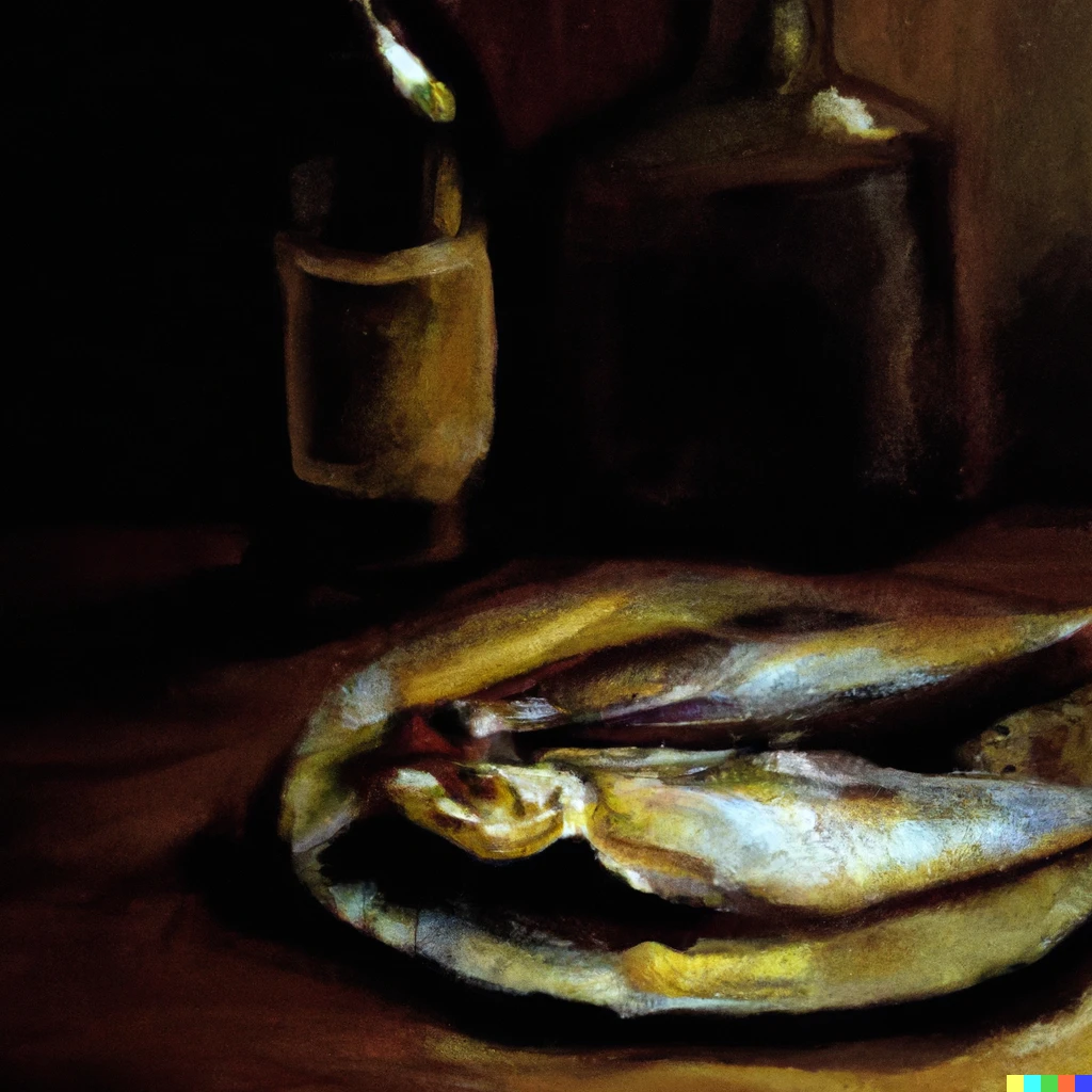 Prompt: Oil painting of dried fish on a pewter plate next to a bottle of wine on a wooden table, in a dark room , illuminated by a soft light from above