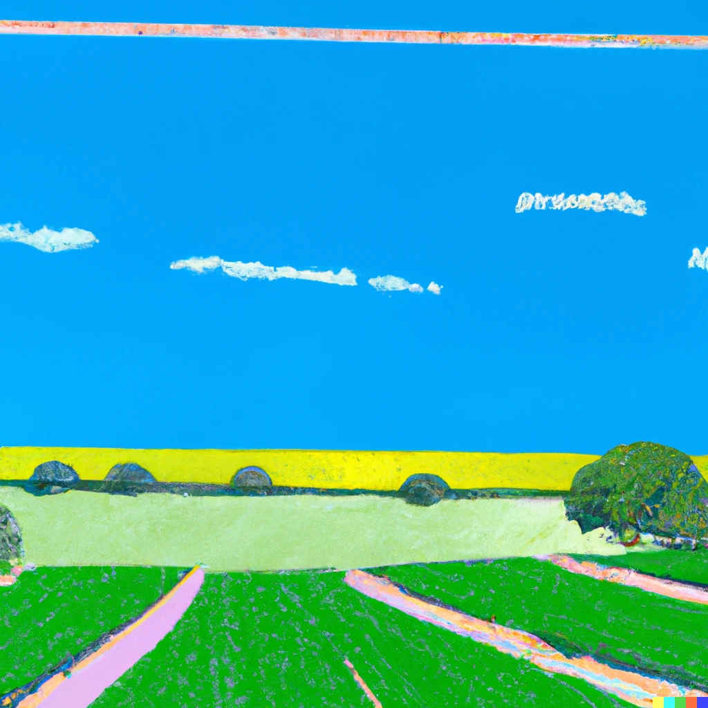 Prompt: East Yorkshire landscape of fields and a blue sky, by David Hockney