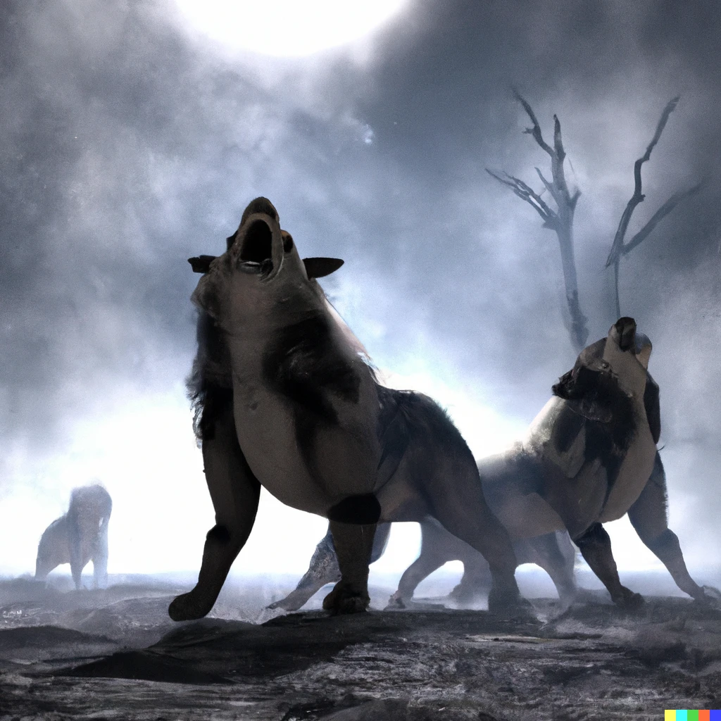 Prompt: epic fantasy battle wolves howling in an evil hellscape, hyper realistic 3d render