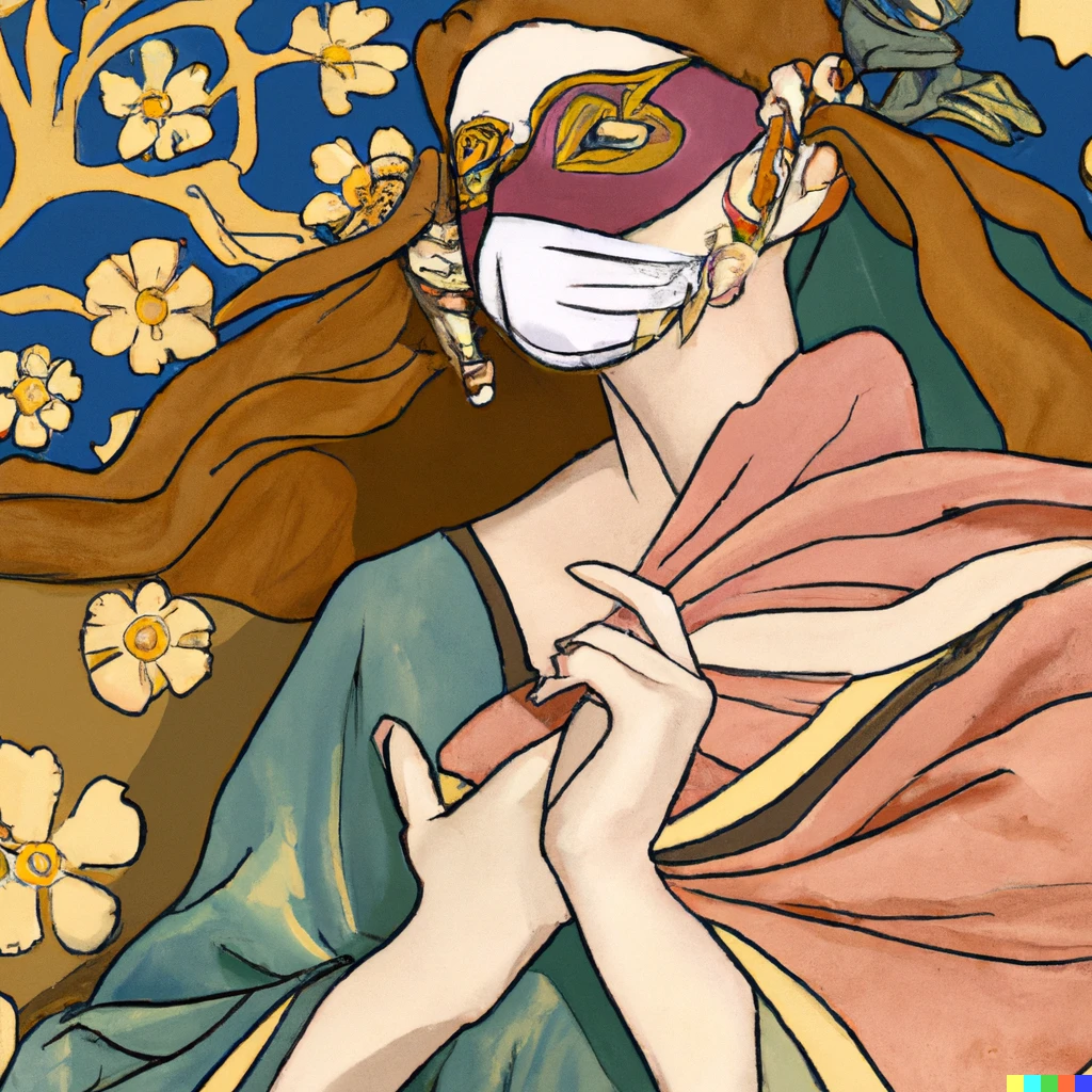 Prompt: “Girl with a face mask” by Alfons Mucha.