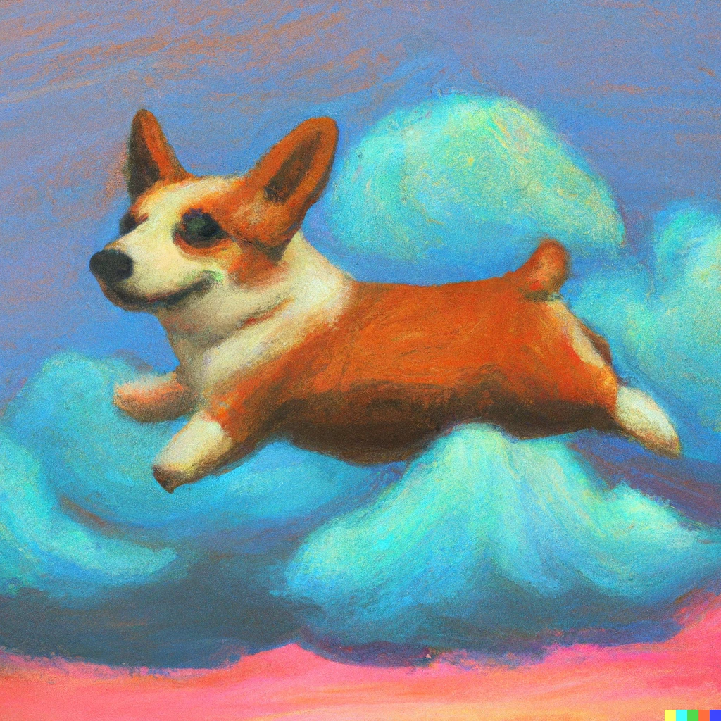 Prompt: An oil painting of a corgi flying through pastel clouds 